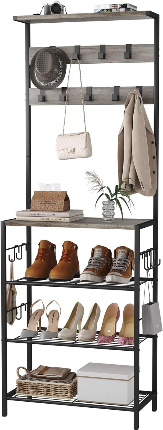 HOMEFORT 5-Tier Hall Tree with Shoe Storage,Coat and Rack Grey