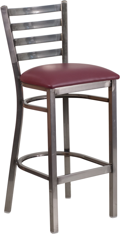 Clear Coated Ladder Back Metal Restaurant Barstool with Burgundy Vinyl Seat