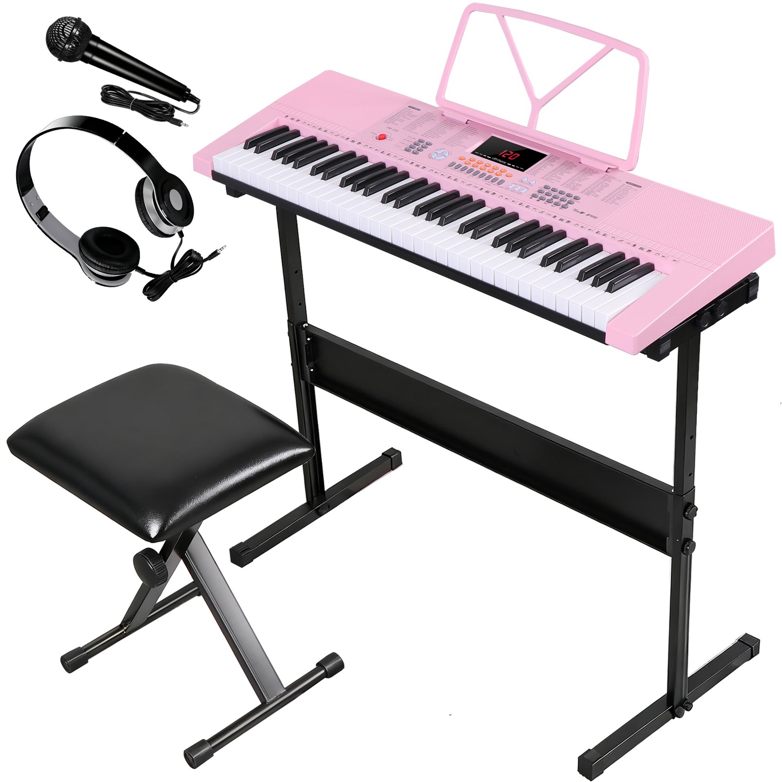 Electronic Keyboard 61 Key Piano Organ w/ Microphone Stand Stool Earphone Pink