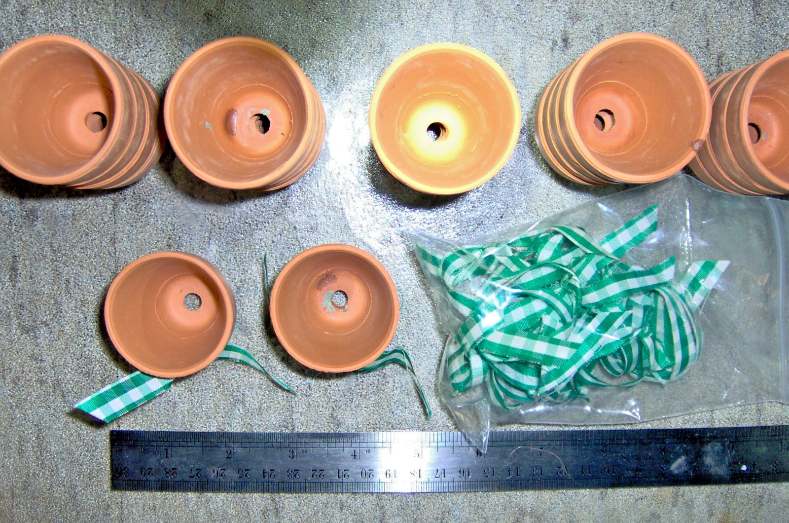22 small miniature Real Clay Pots 2" tall x 1.5" diameter w drain hole + 14 bows