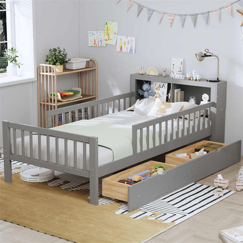 Wood Twin Size Storage Bed with 2 Under-Bed Drawers and Guardrails for Kids,Gray