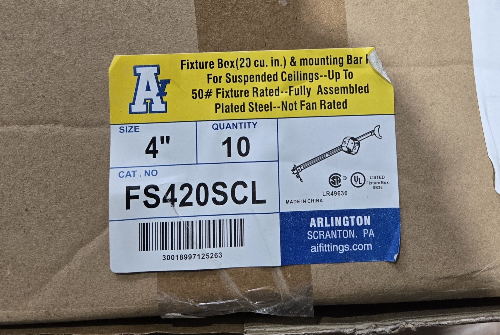"BOX OF 10" Arlington Industries 4" Steel Fixture Box Suspended FS420SCL