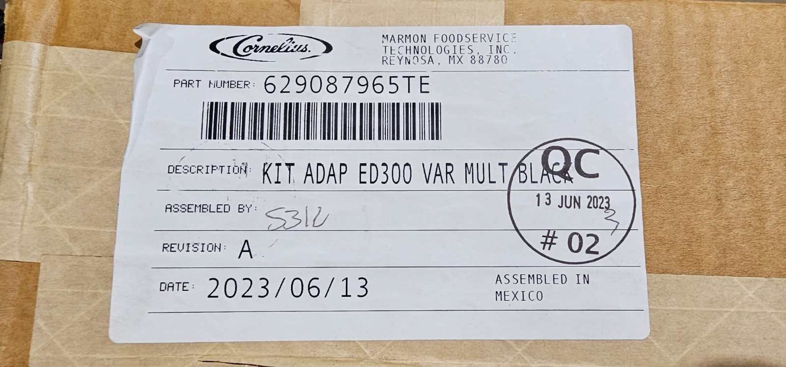 Cornelius Ice Machine Adapter Kit ED300 Var Black 629087965TE