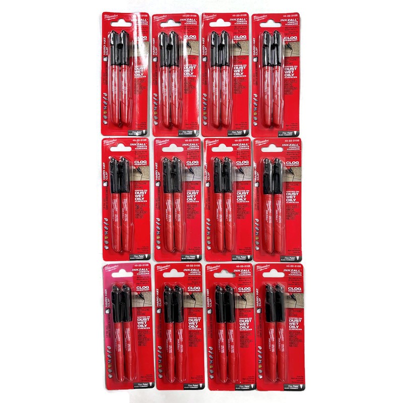 Lot of 12 MILWAUKEE 48-22-3105 Inkzall Fine Point Black Marker 2-pk