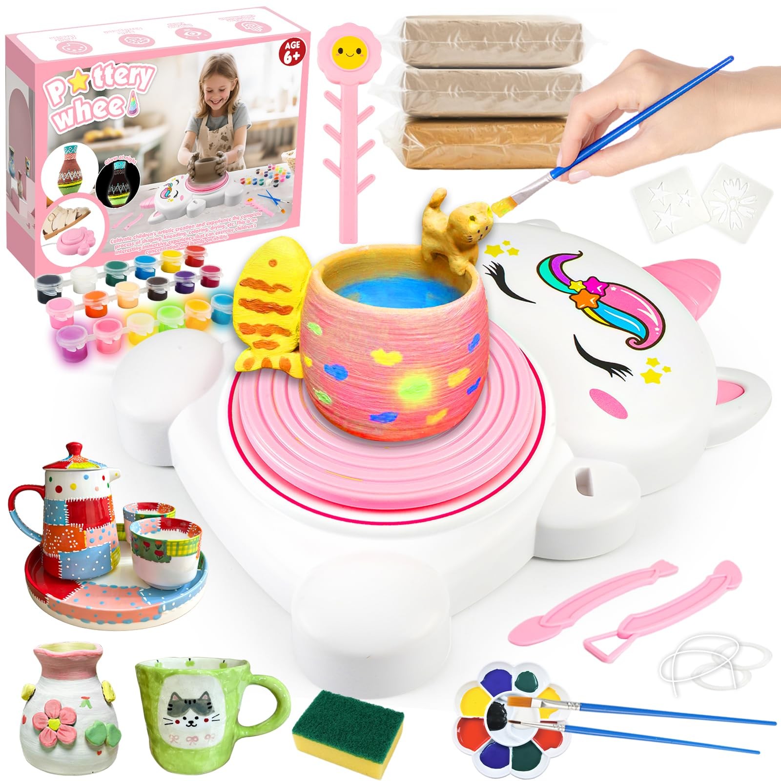 Pottery Wheel Kit for Kids with Glow Paints, Complete Pottery Arts Crafts Toy...