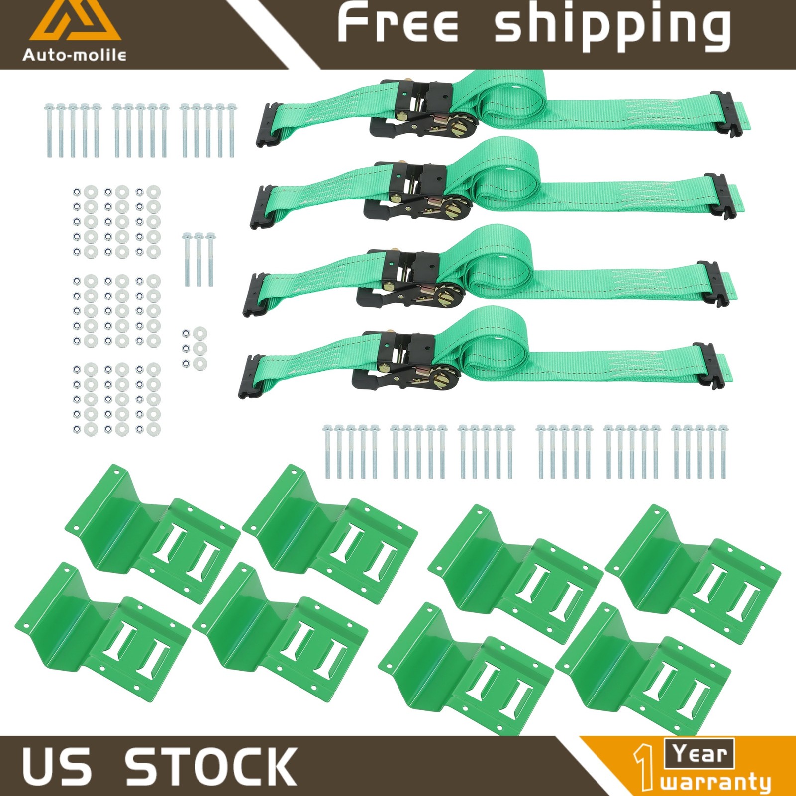 E Track Wheel Chock Tie Down System 8' Green Ratchet Straps Durable Secure Cargo