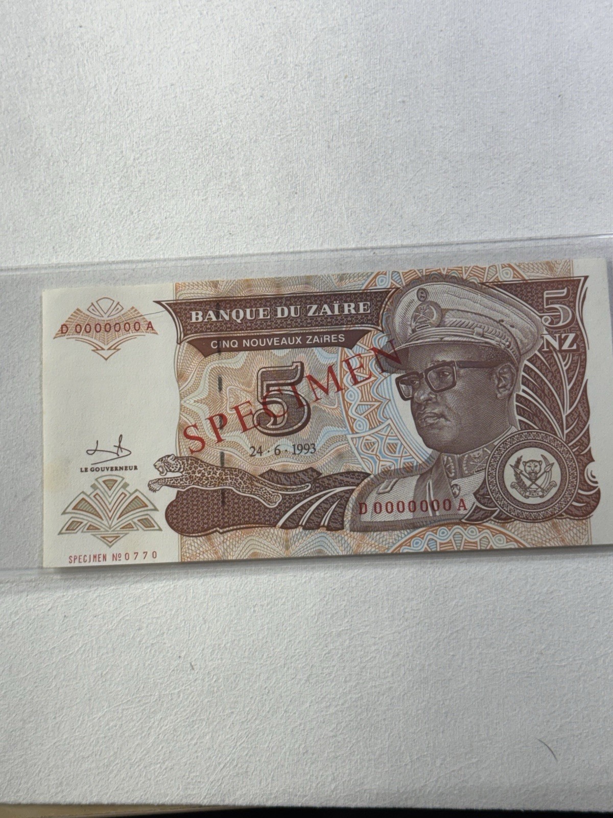 1993 Zaire 5 Zaires Banknote P# 53s Specimen