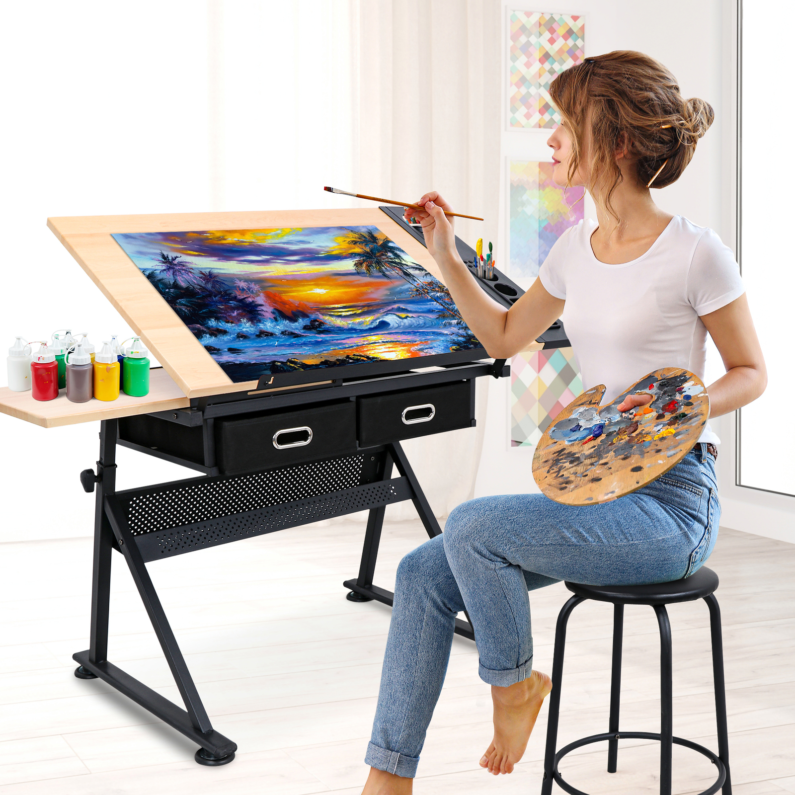 Drafting Table Art Artist Desk Drawing Table Adjustable Tilted Tabletop w/Stool