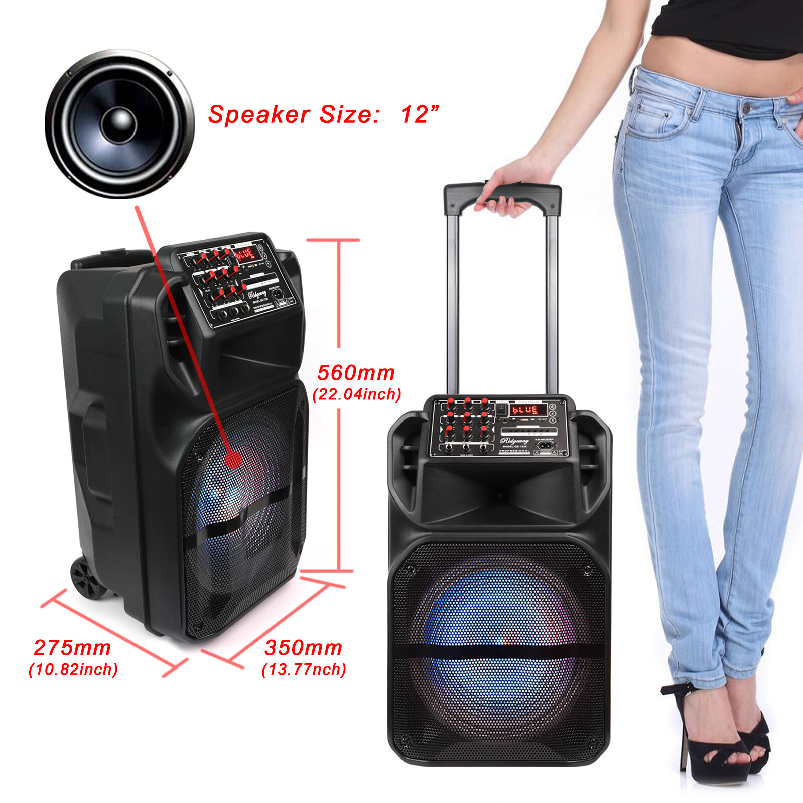 12'' Portable Bluetooth Speaker Heavy Bass Sound Party Speaker FM AUX w/ mic