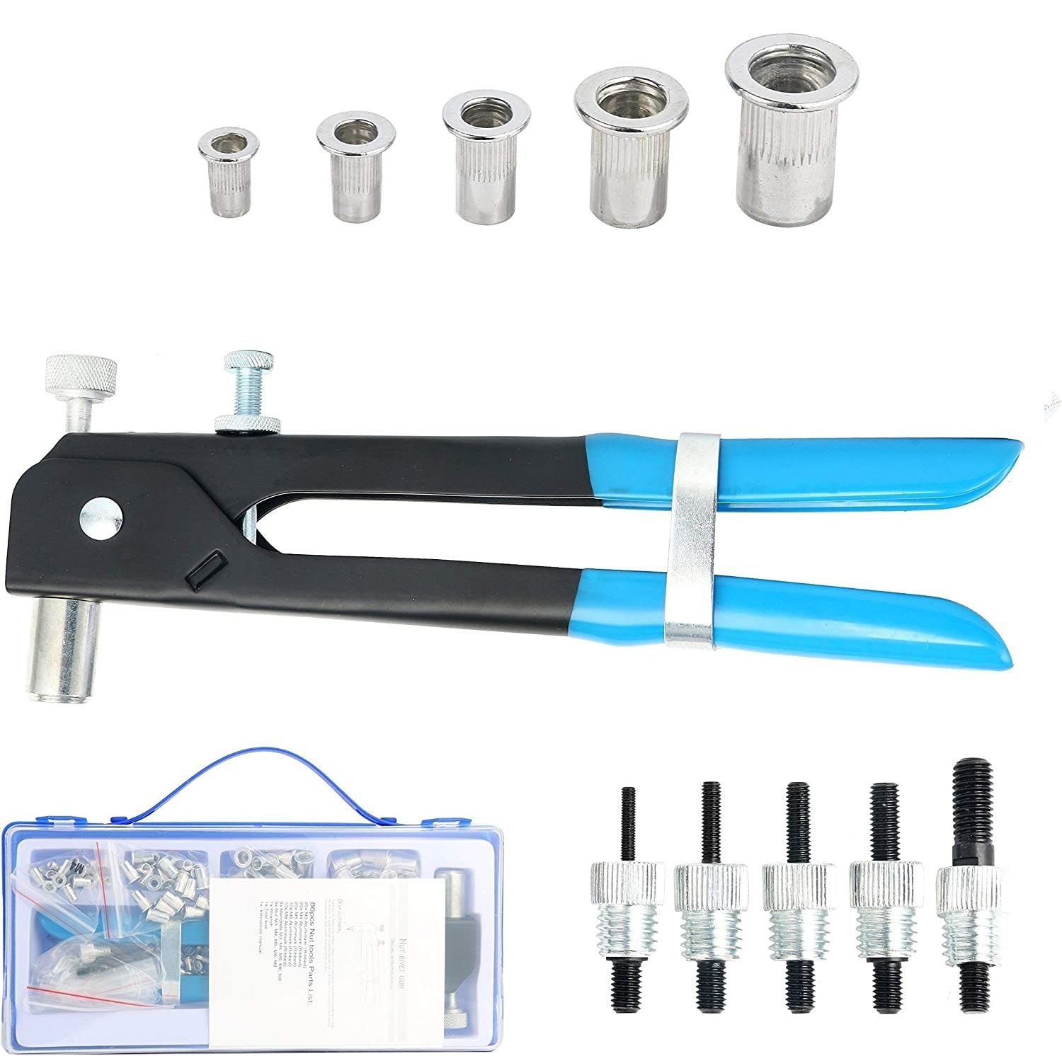 86pcs Heavy Duty Blind Rivet Nut Kit Set, Riveter Tool, Onesize, JK-0081