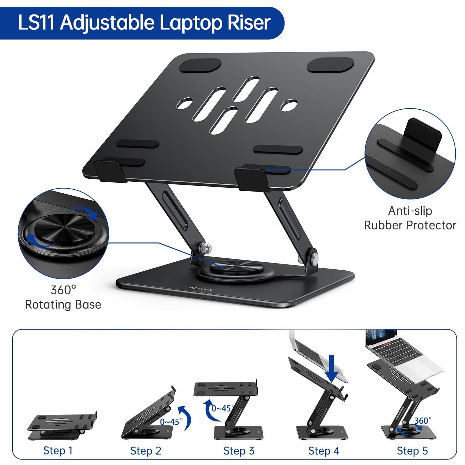 Laptop Stand with 360° Rotating Base, Ergonomic Adjustable Notebook Riser, Fo...
