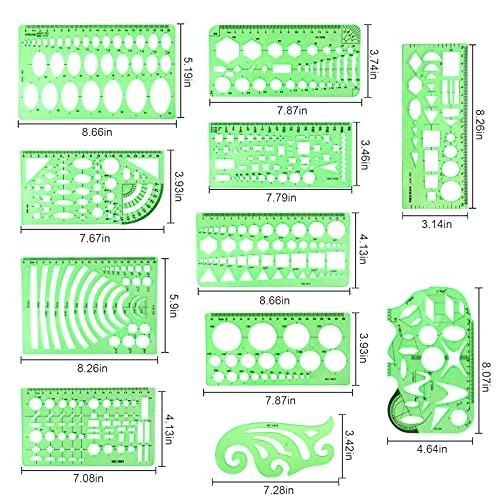 11PCS Geometric Drawings Templates, Drafting Stencils Measuring Tools,
