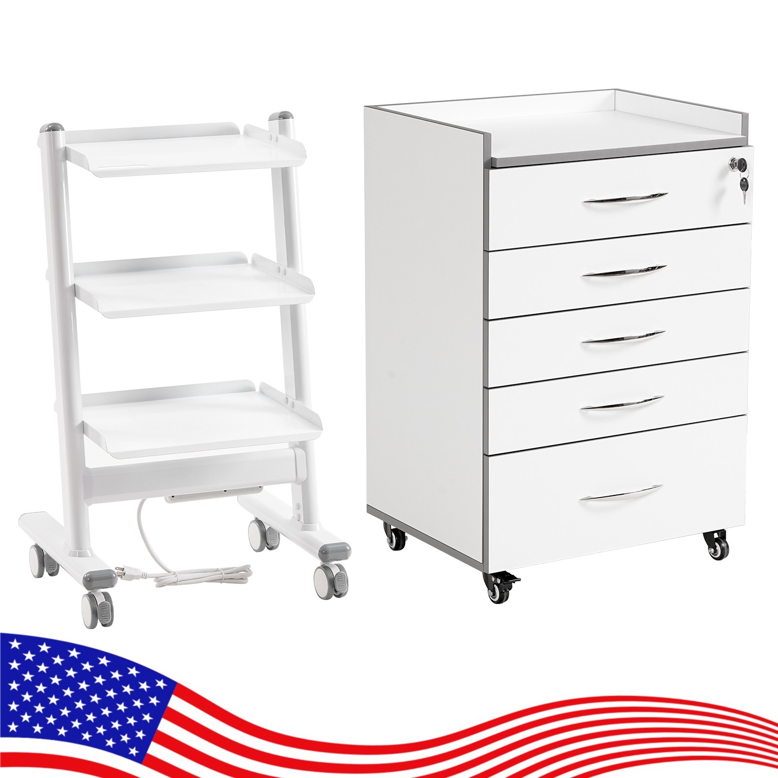 Dental Cart Acrylic Mobile Wooden Cabinet 5 Drawers/Trolley Cart with Socket US