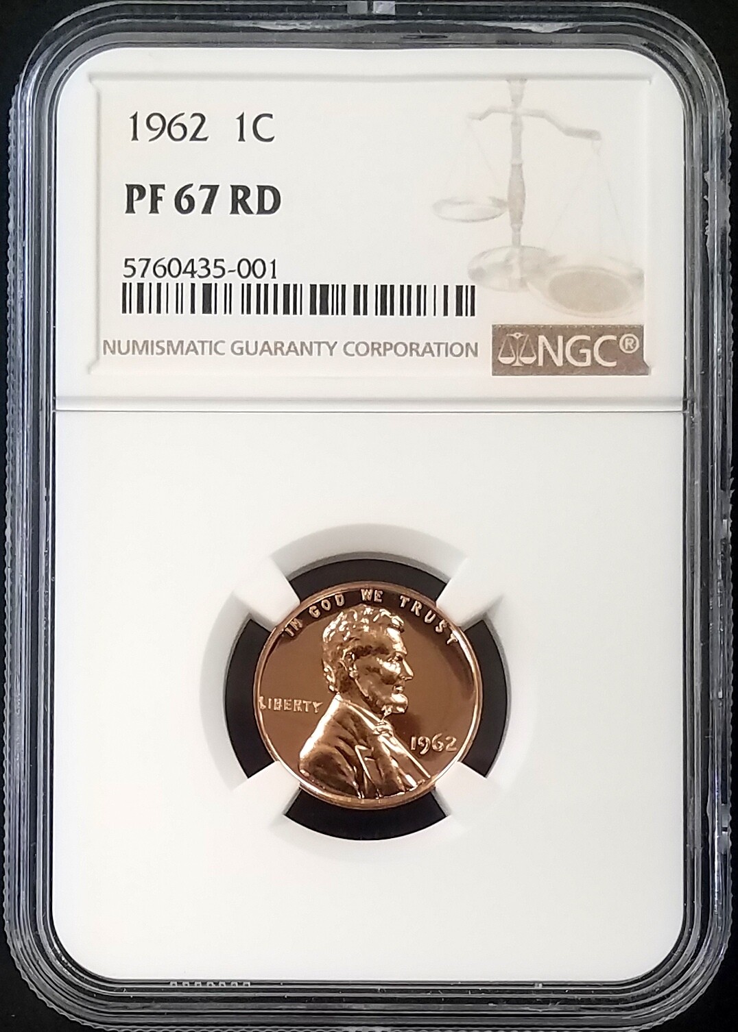 1962 Proof Lincoln Cent certified PF 67 RD by NGC!