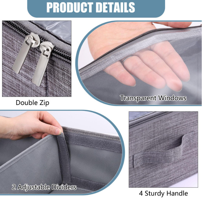 2 Pack 50L UnderBed Storage Box w/ Clear Lid Foldable w/ Adjustable Dividers