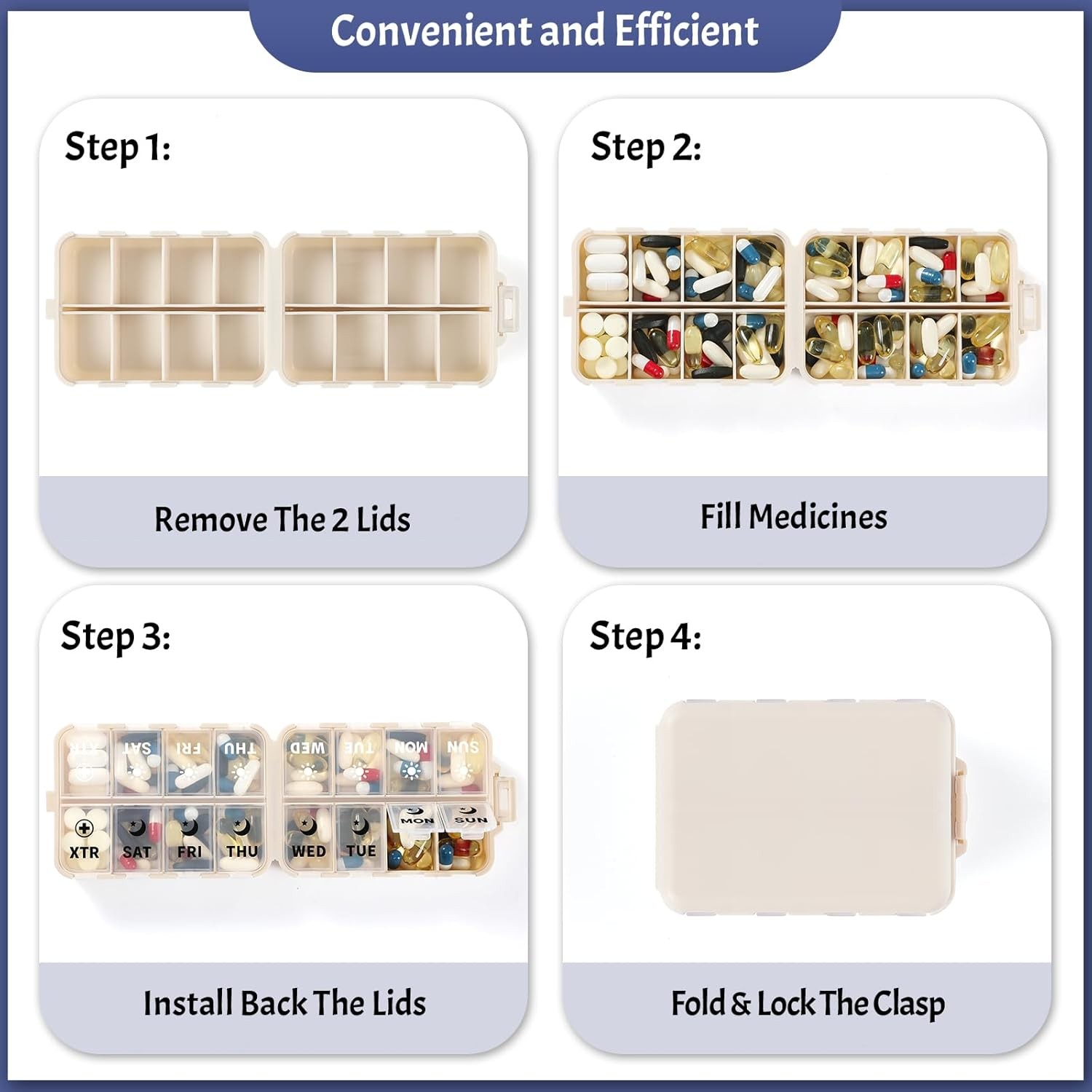 Foldable Weekly Pill Organizer 2 Times a Day with 2 Extra Compartments (
