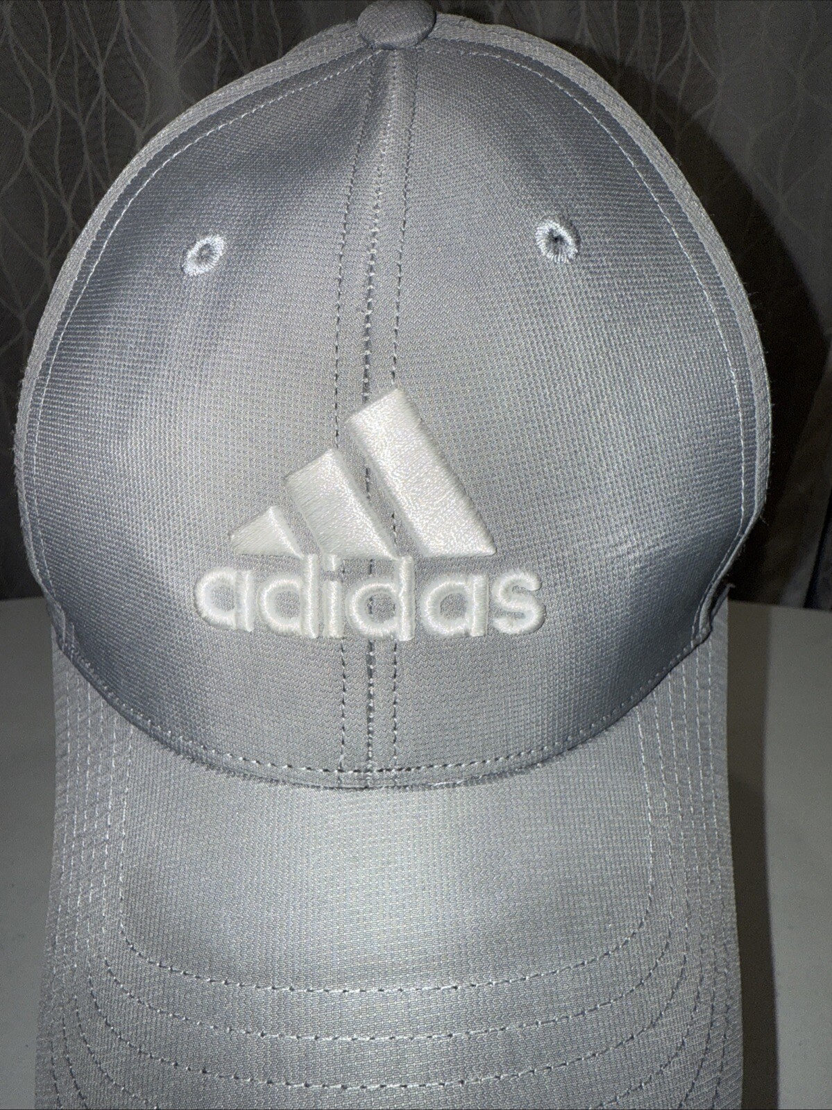 Adidas w Logo in White on Gray Polyester Light Weight Gray Hat Cap Hook Loop EUC