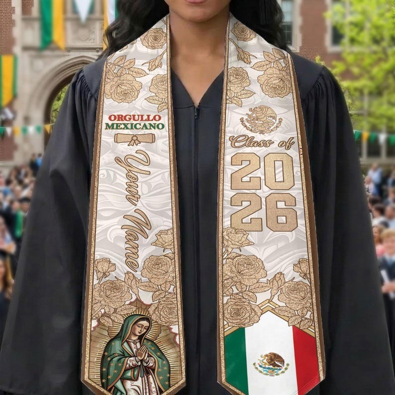 "Mexican Graduation Stole 2026 Personalized, Virgen de Guadalupe Grad Stole, Org