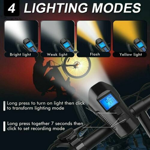 USB Rechargeable LED Cycle Bike Headlight + Rear Light Horn Speedometer Odometer