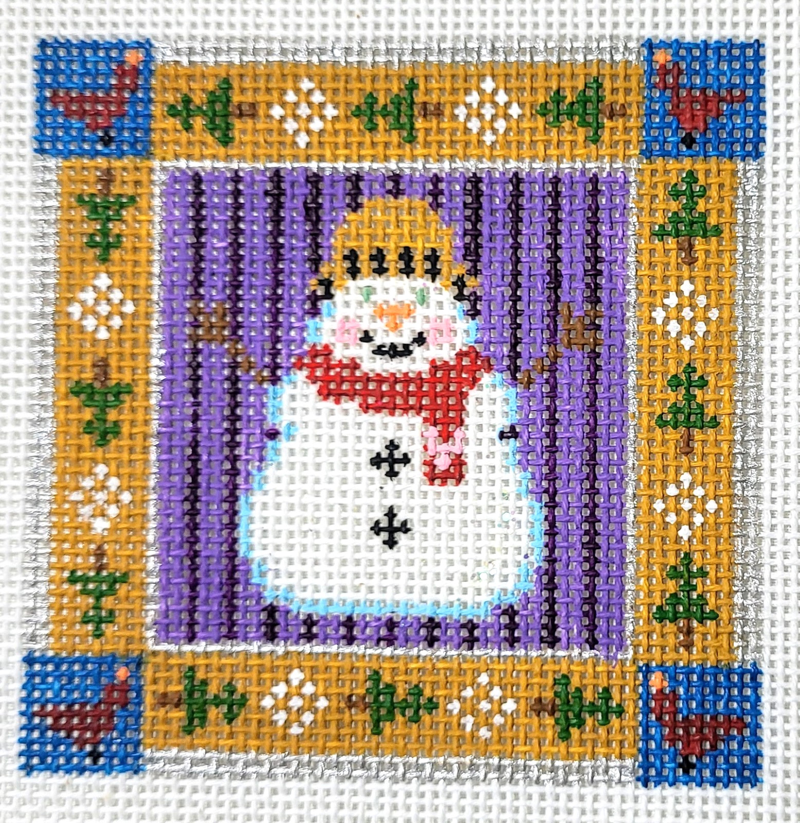 Painted Pony "SNOWMAN with BORDER" Hand-Painted Needlepoint Canvas, 3" sq. NEW