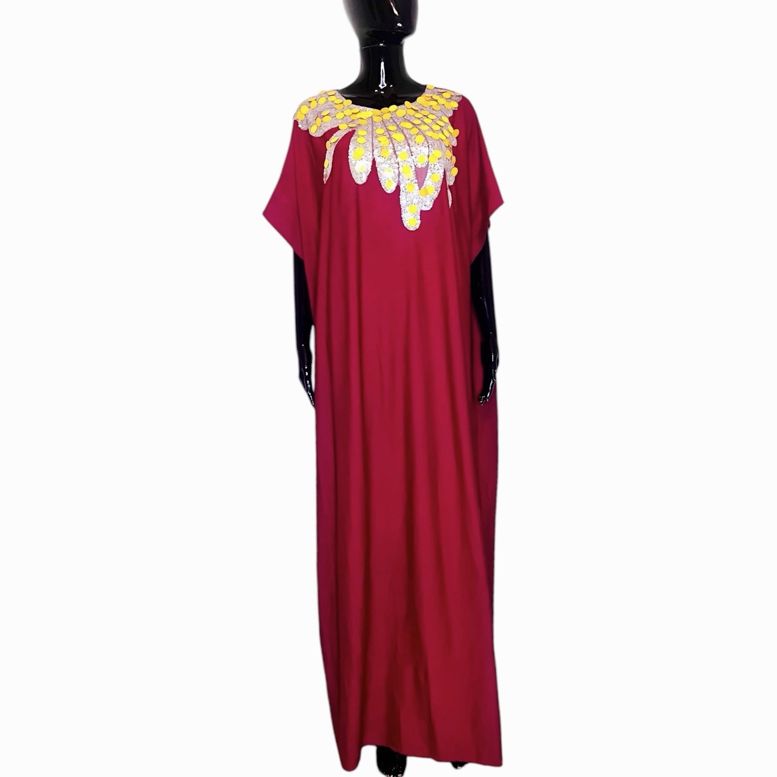 Rosy Pink Woman Agbada/ Kaftan Long Dress w/ Yellow & Silver Shine Detail