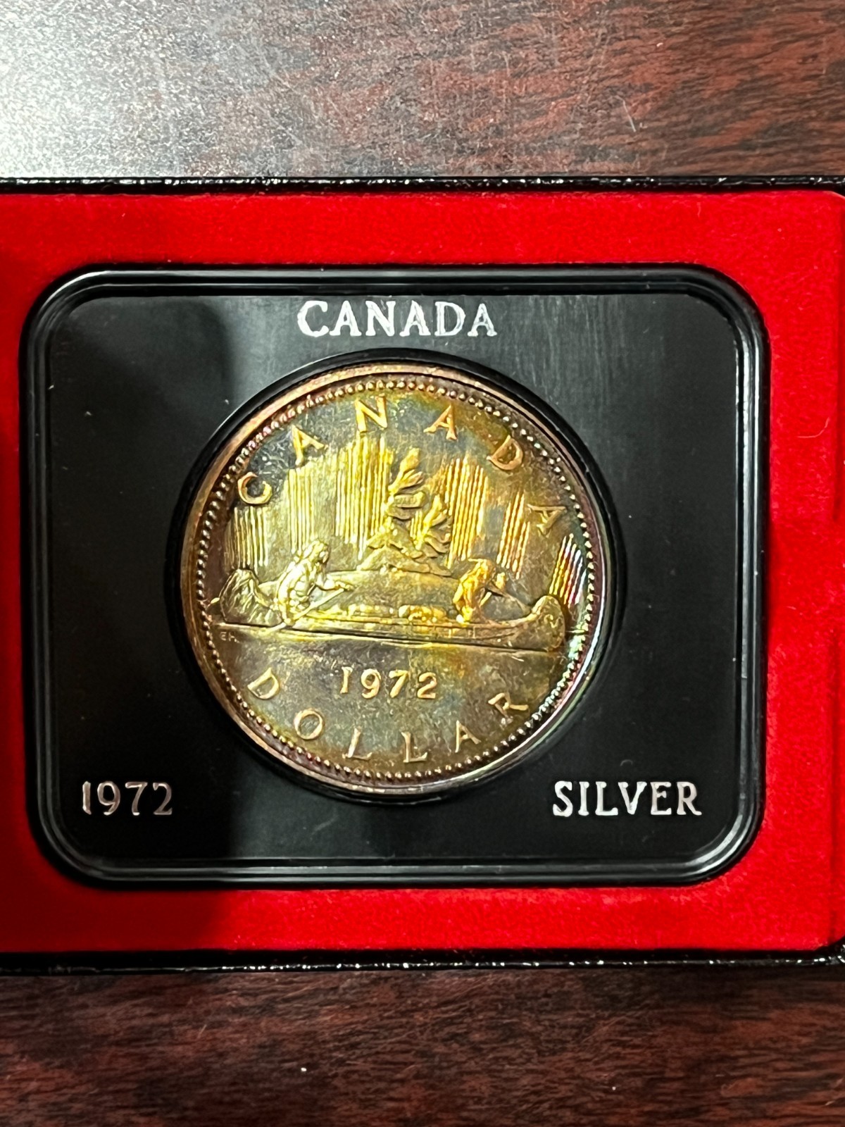 1972 Canada $1 Silver Dollar in Original Display Box w/ Sleeve,  Toned