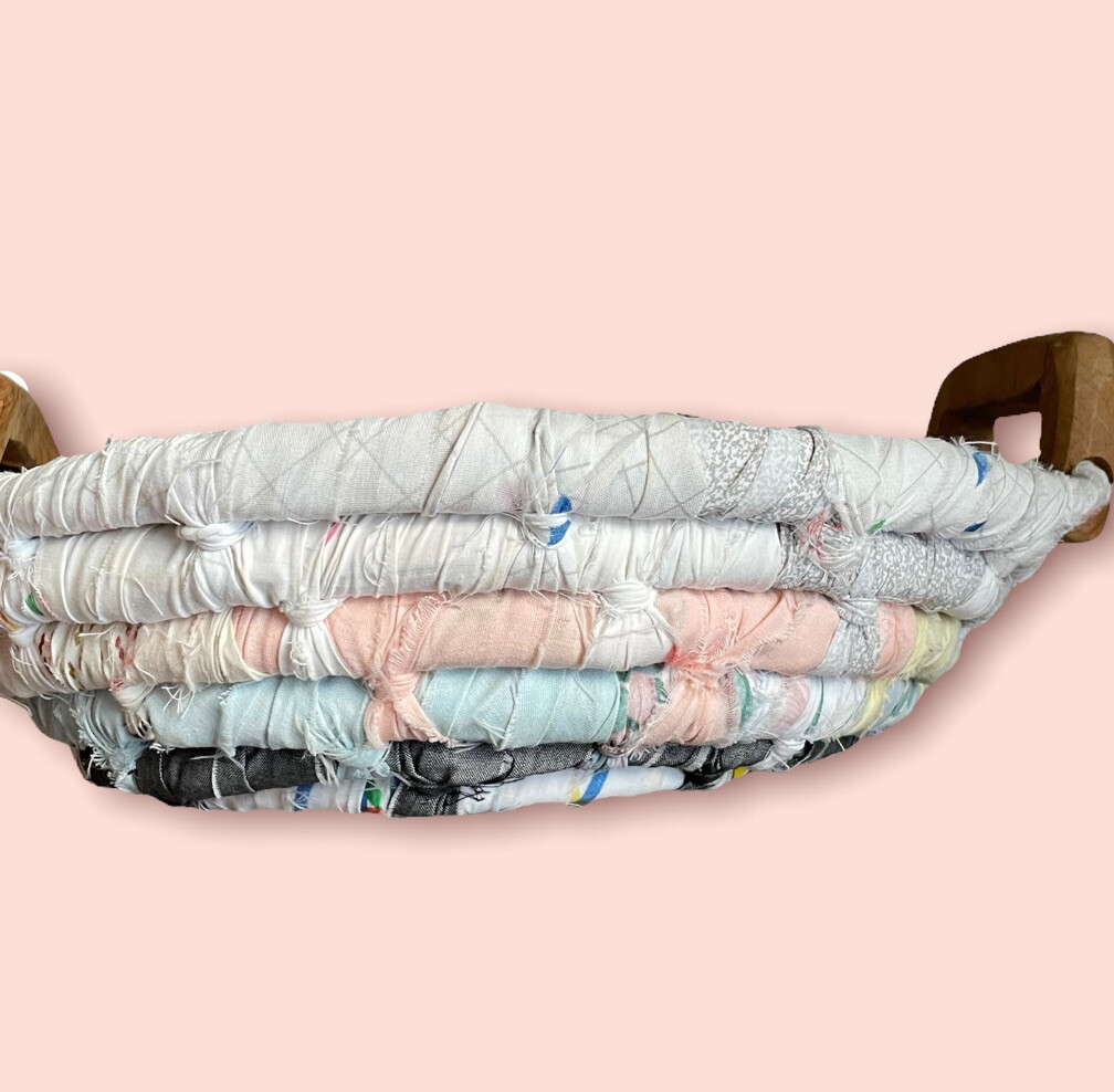 Vtg Coiled Cotton Basket Fabric Hand Woven Pastel Farmhouse 20 3/4 x 16 x 5 3/4