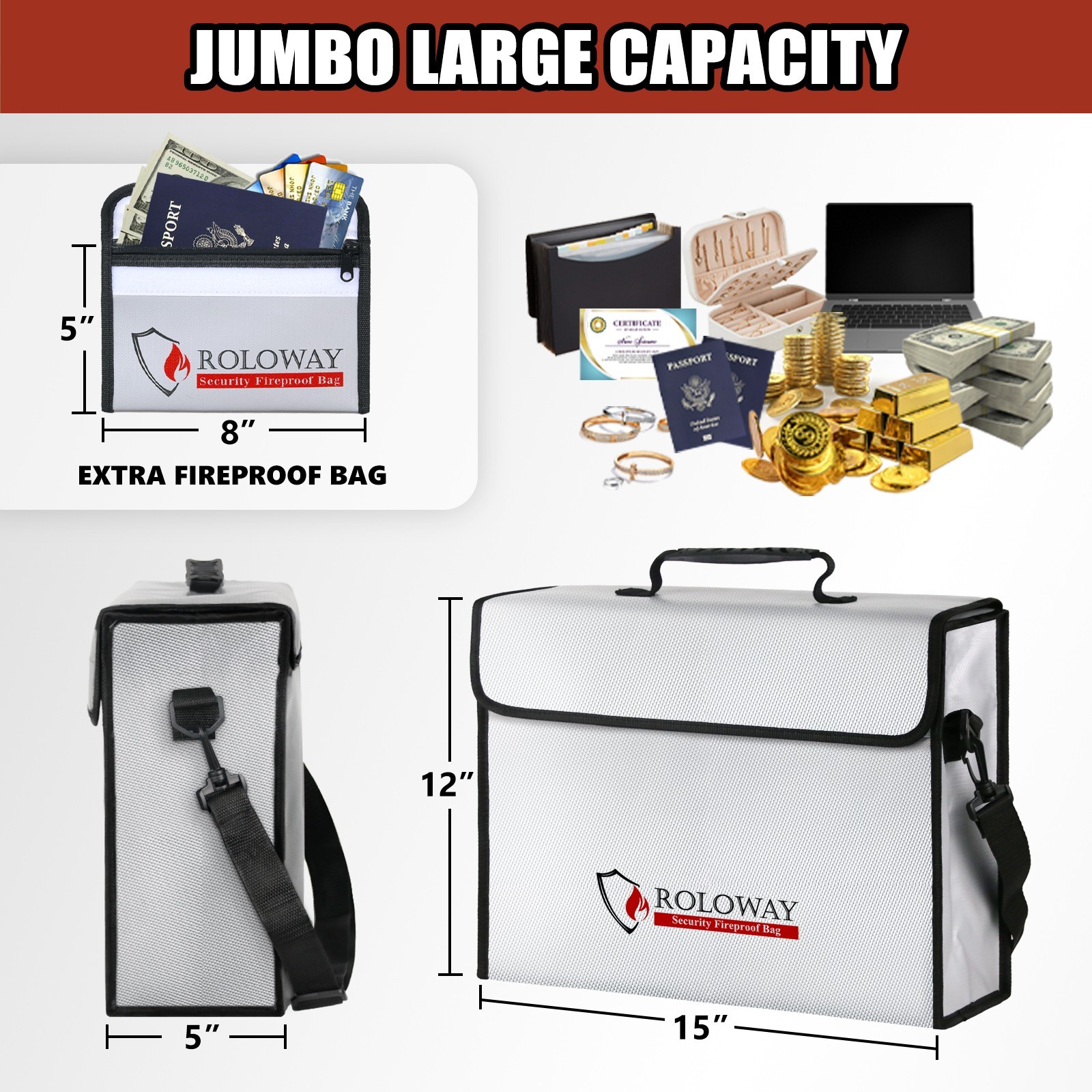 5200F Fireproof Document Bag Large Lockable Water Resistant Safe Box 15x12x5