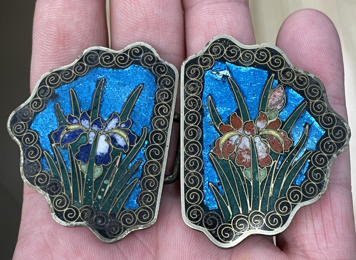 Gorgeous Art Deco Multi Color Cloisonné Enamel Belt Buckle Iris On Blue Ground