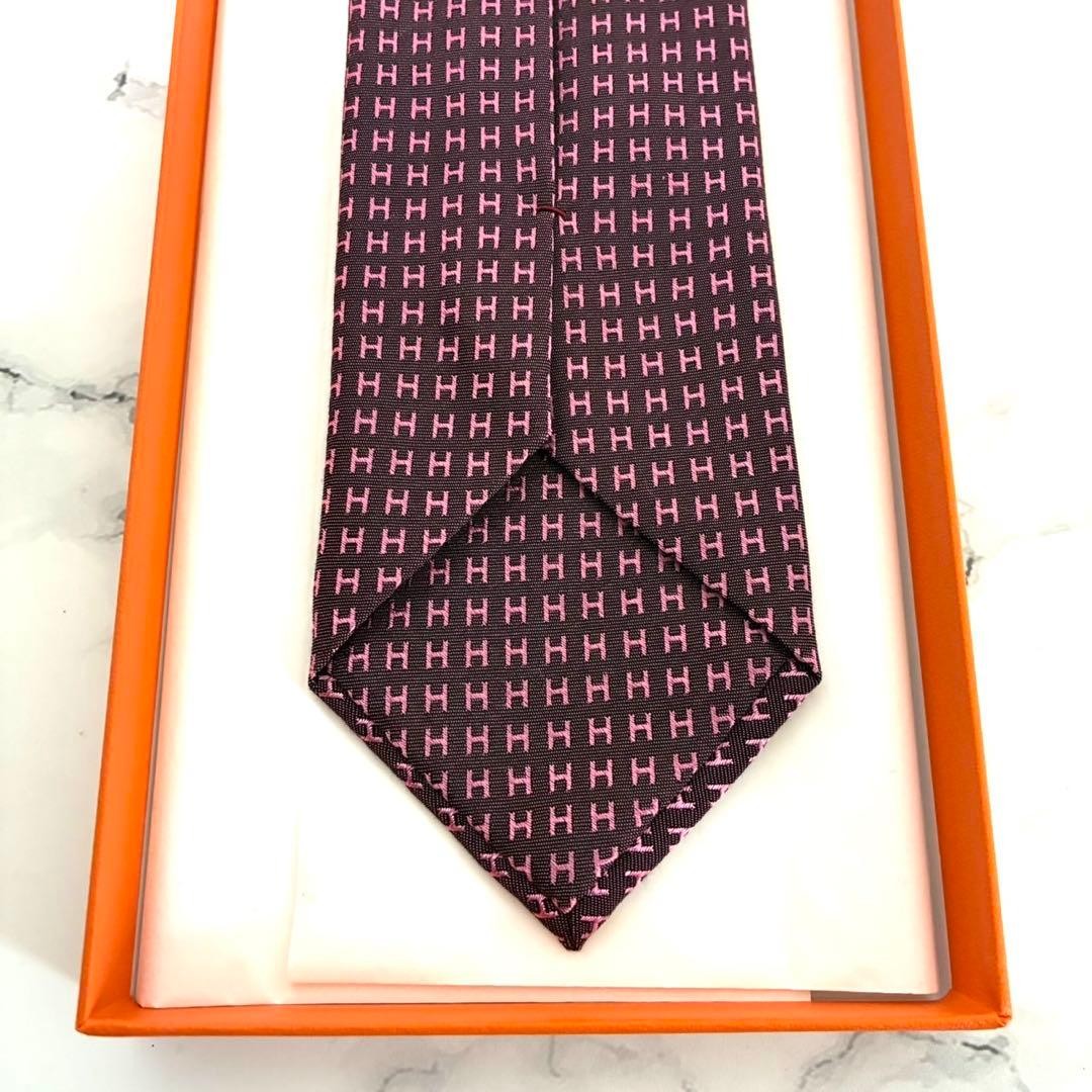 Hermes H Pattern Silk Necktie Purple Used Elegant Condition