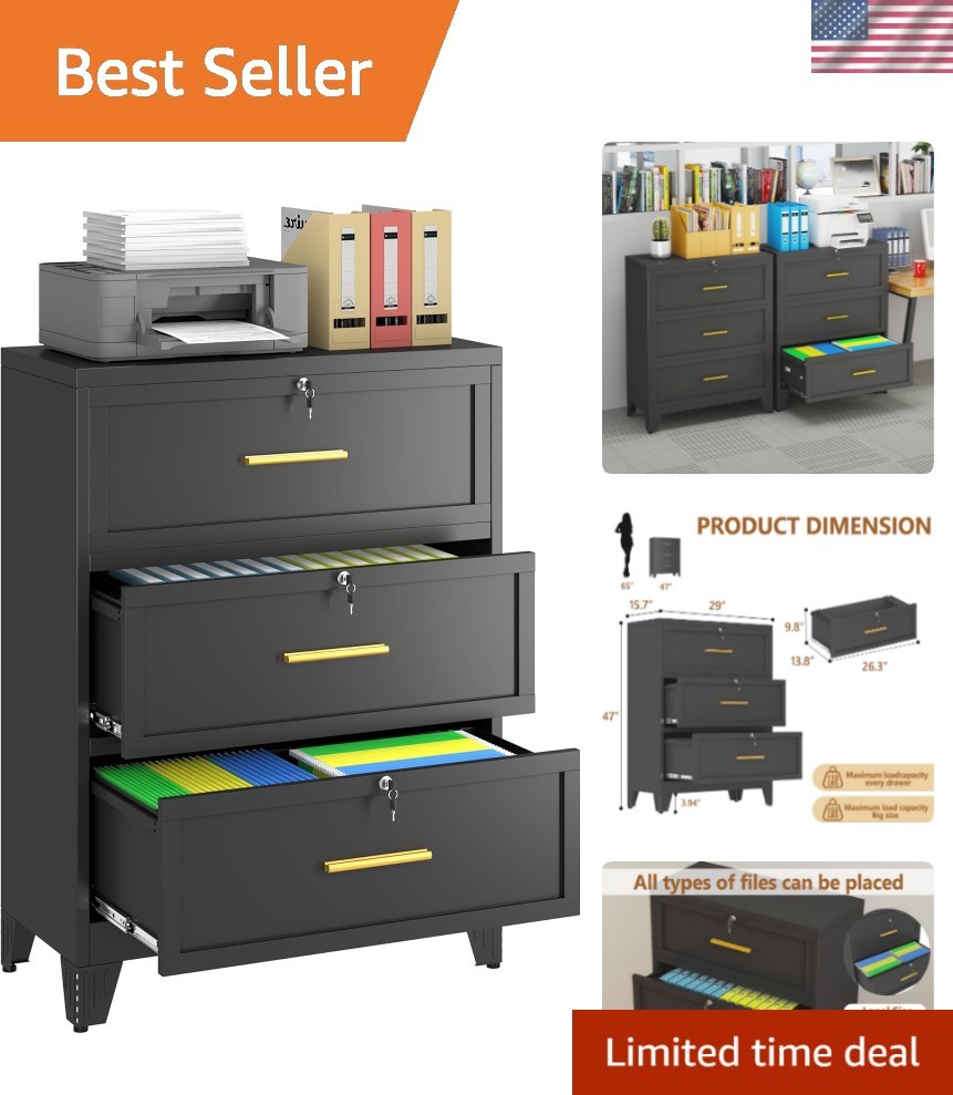 Metal Lateral File Cabinet with Lock,3 Drawer Steel Wide Filing Organization ...