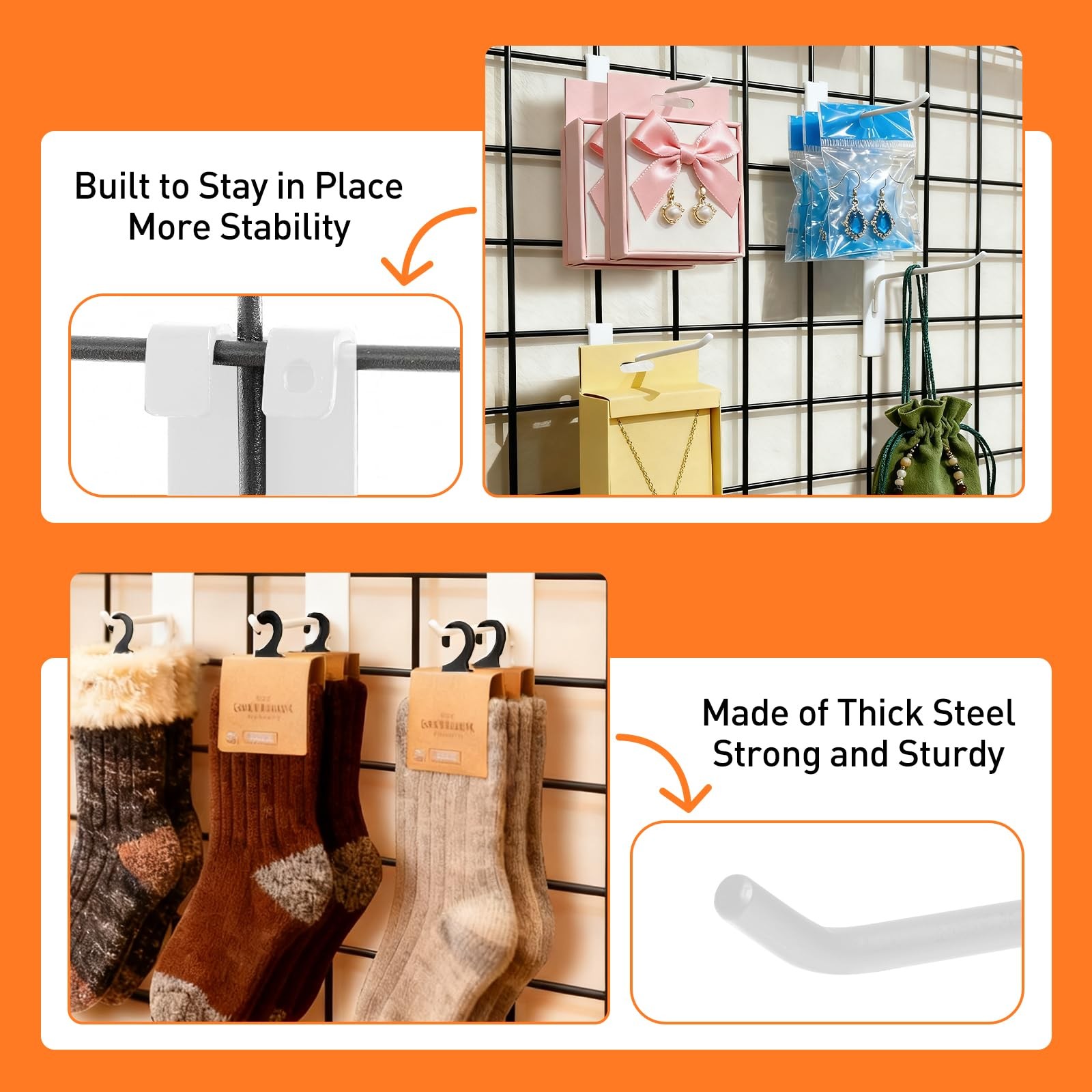 60 PCS Grid Wall Display Hooks 4 Inch White Metal Panel Accessories Retail