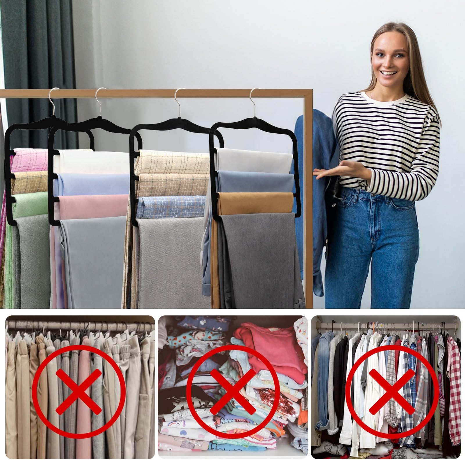 2-Pack Velvet Pants Hangers - Space Saving Multi-Layer Non-Slip Closet Organi...