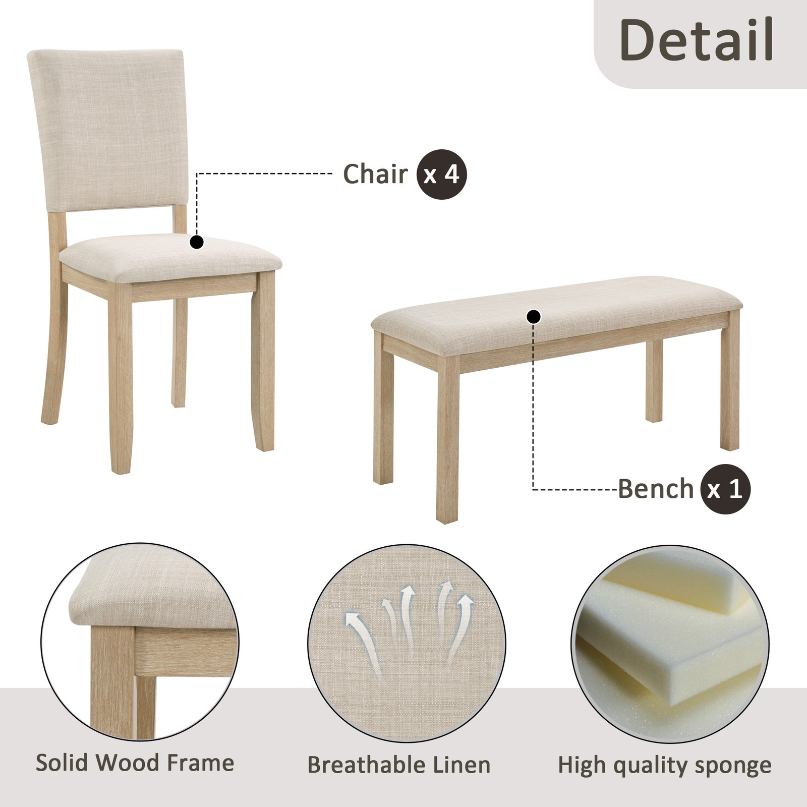 6Pack Dining Table Set with Bench, Wooden Rectangular Kitchen Table Set, Modern