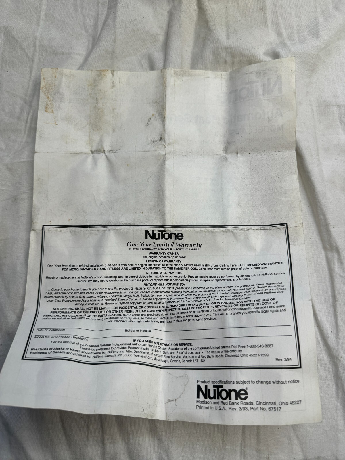 NUTONE AHS-200 AUTOMATIC HEAT SENSOR 10 AMP 120 V 60 HZ