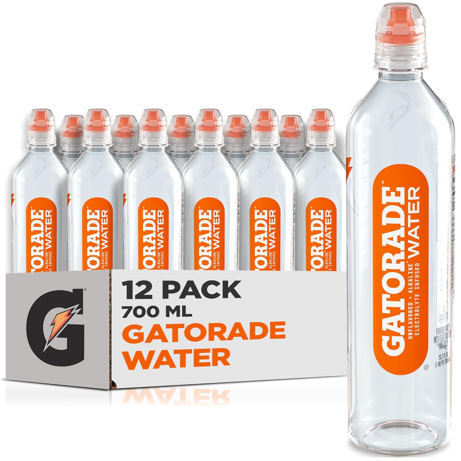 Gatorade Unflavored Alkaline Water with Electrolytes, Sports Cap, 12 Pack 23.7oz