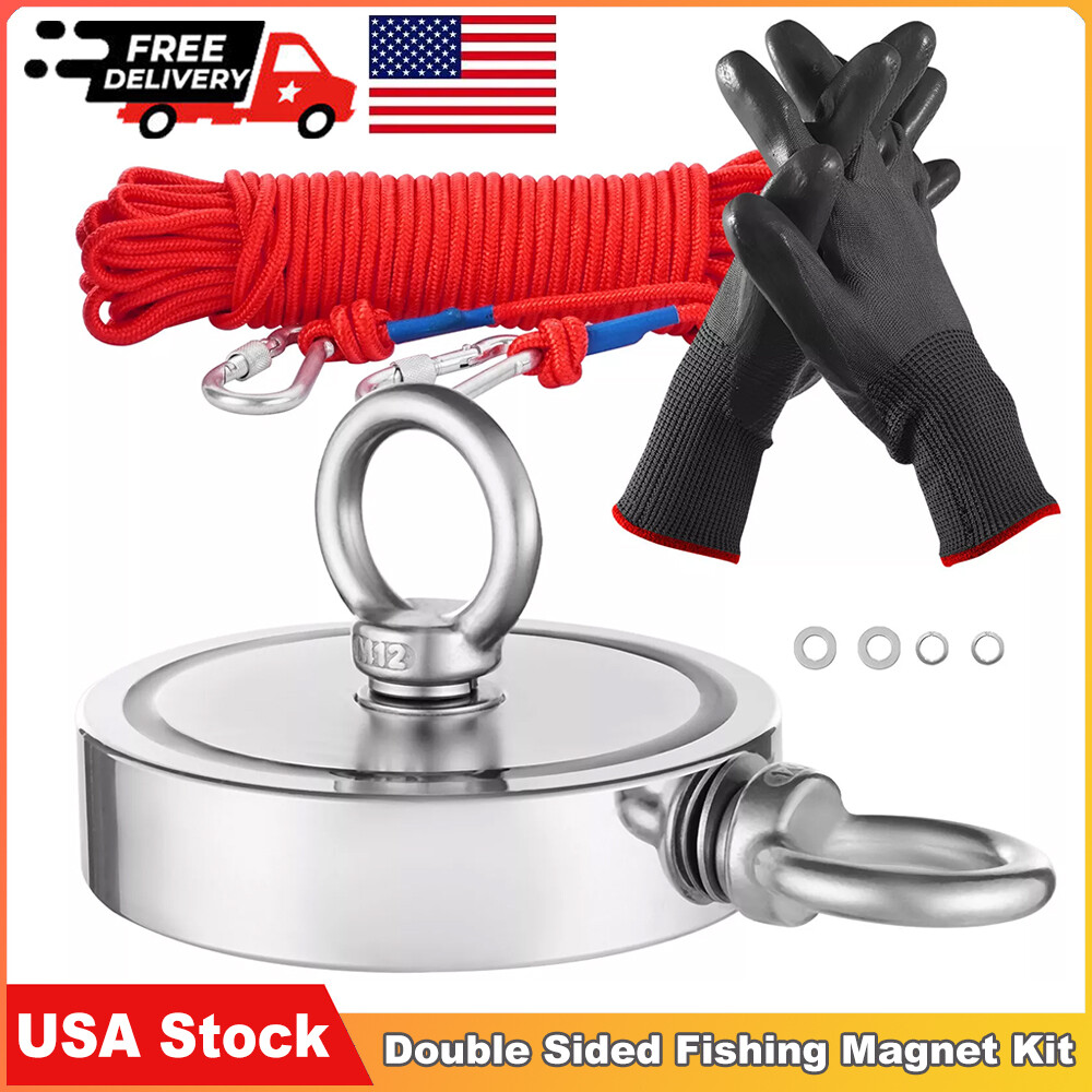 Up to 2000 Lbs Fishing Magnet Kit Pull Force Strong Neodymium + Carabiner + Rope
