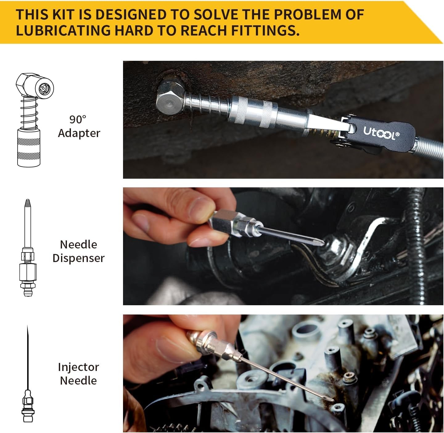 UTOOL Grease Gun Accessory Kit, 90 Degree Coupler, Needle Nozzle, Grease...