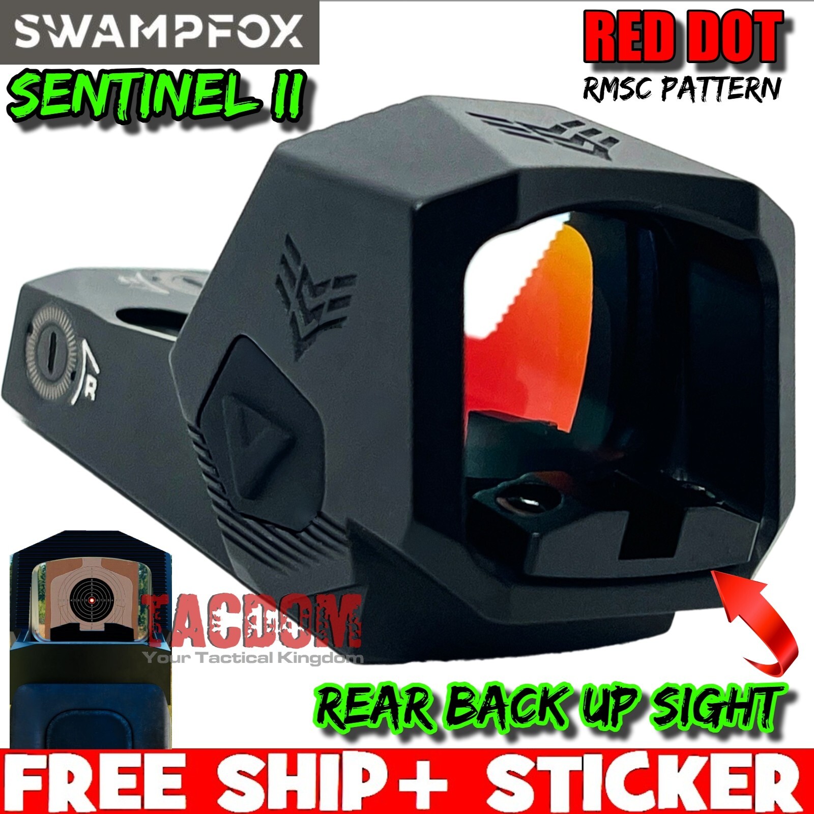 SwampFox SENTINEL II 2 Red Dot RMSc Pattern CUT Optic w/ BACKUP REAR SIGHT