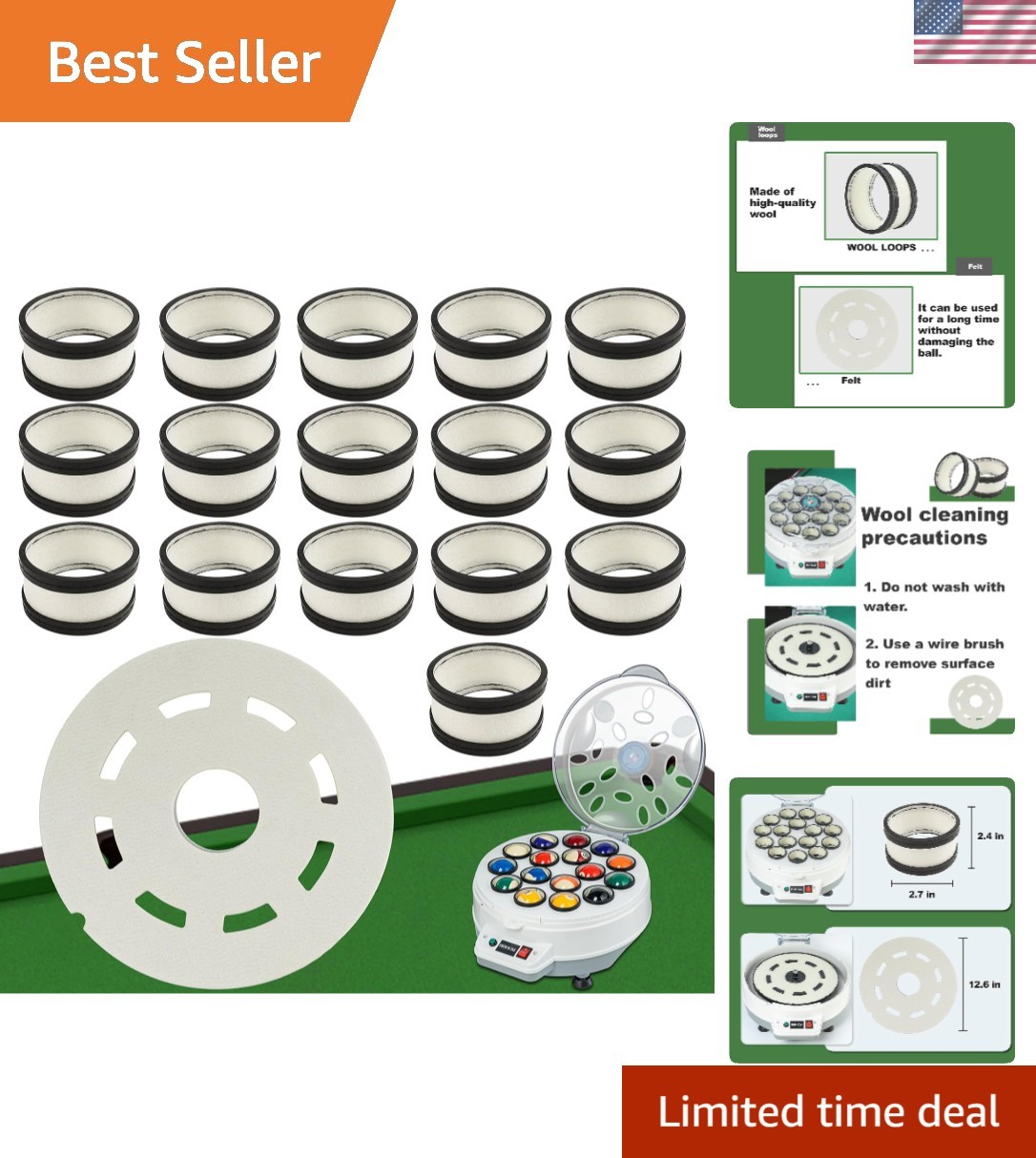 Durable Wool Cleaner Set for Billiard Balls: 16 Wool Rings & 1 Felt Pad Included