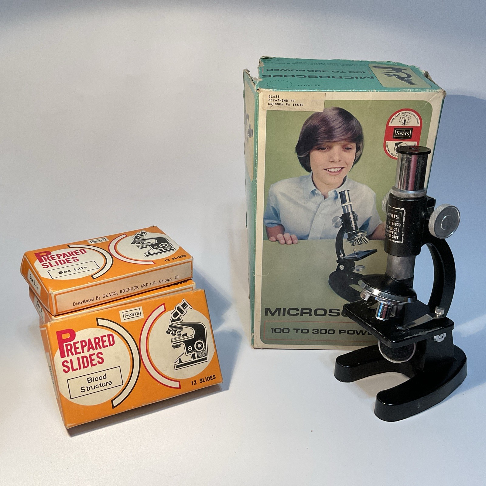 Vintage Sears Roebuck Microscope 49-24033 100X to 300X w/ Box & 5 Boxes Slides