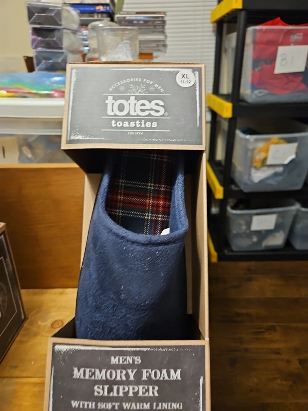 Totes Toasties Slippers Navy w/ Plaid Memory Foam Shoe Mens Size XL 11-12