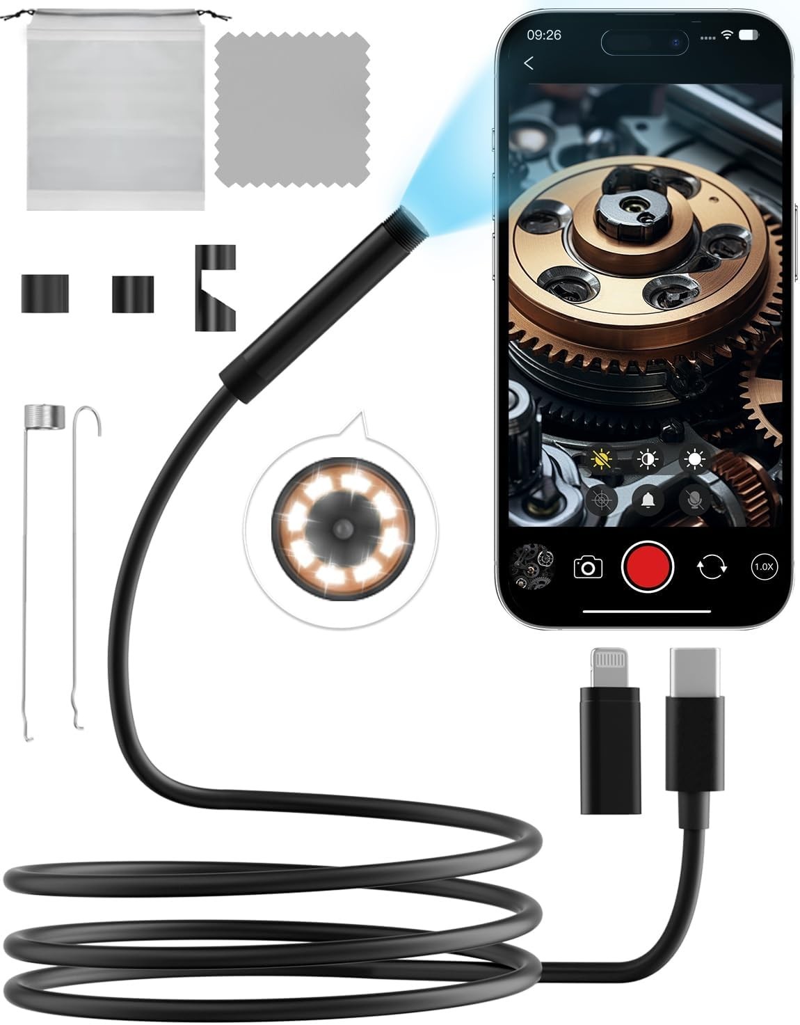 Endoscope Camera with Light,1920P HD Endoscope with 5.9ft Semi-Rigid,Endoscop...
