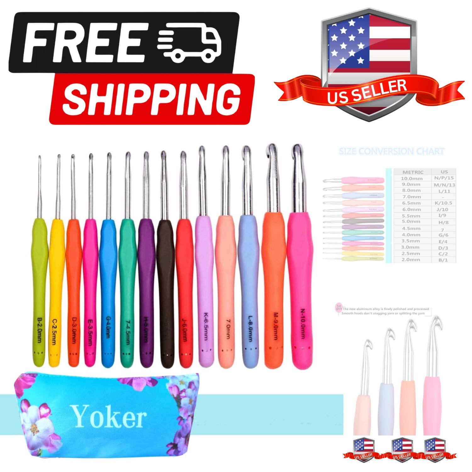 14 Sizes Crochet Hooks Set,2mmB-10mmN Ergonomic Crochet Needs with Case Soft ...