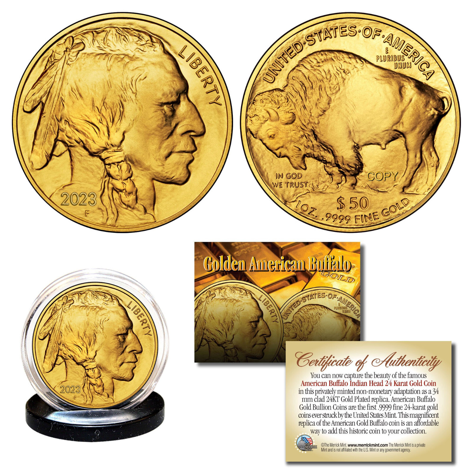 2023 24K Gold Plated $50 AMERICAN GOLD BUFFALO Indian Tribute Coin (Lot of 3)