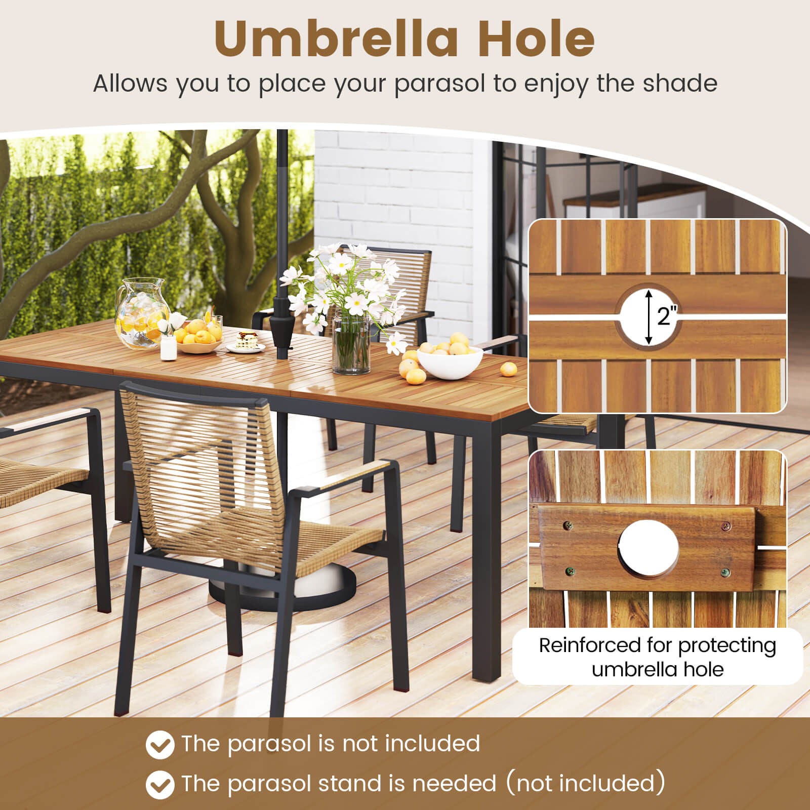 9-Piece Outdoor Patio Furniture w/ Large Wooden Tabletop & Umbrella Hole
