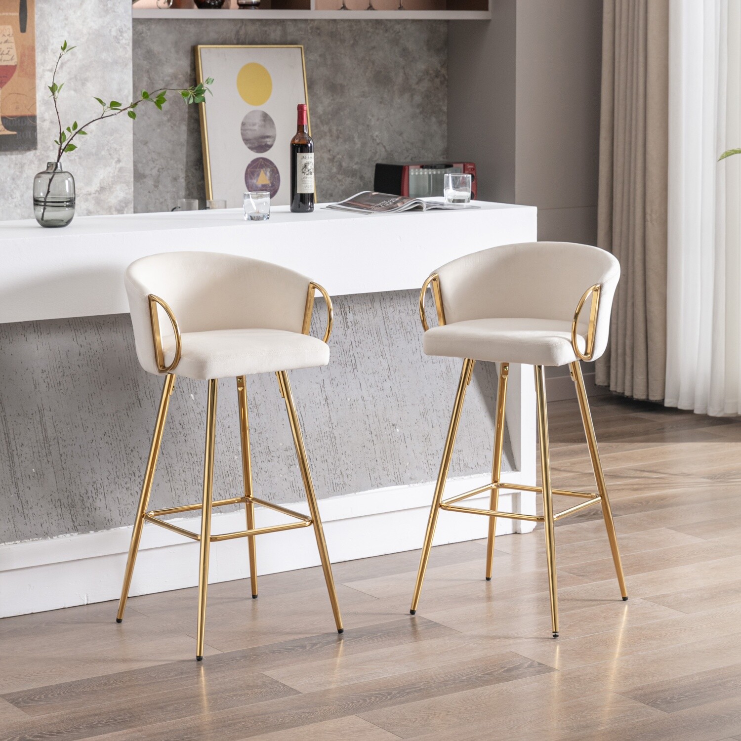 Set of 2 Bar Stools Counter Height Adjustable Bar Chair with Footrest Cream/Gray
