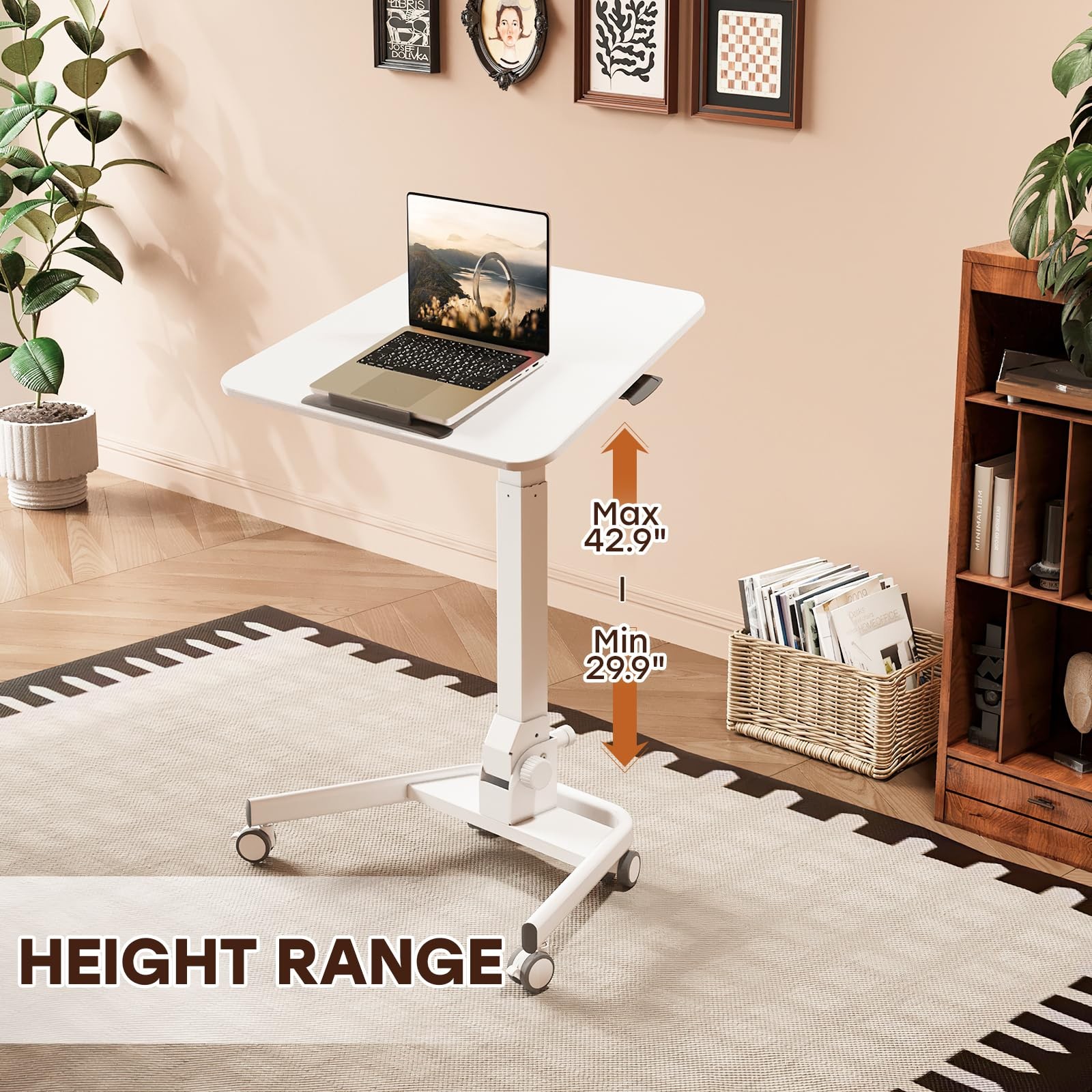 Foldable Mobile Standing Desk, Rolling Laptop Cart, White