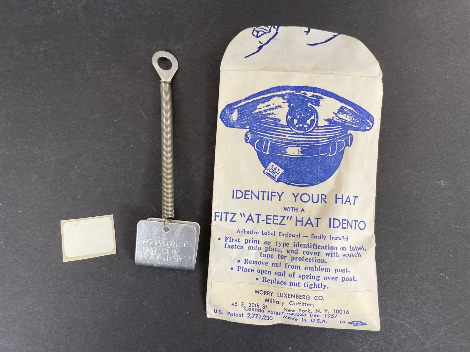 Fitz "AT-EEZ" Hat Idento Tag Military H Fitzpatrick Hat Clip Co Identify Vintage