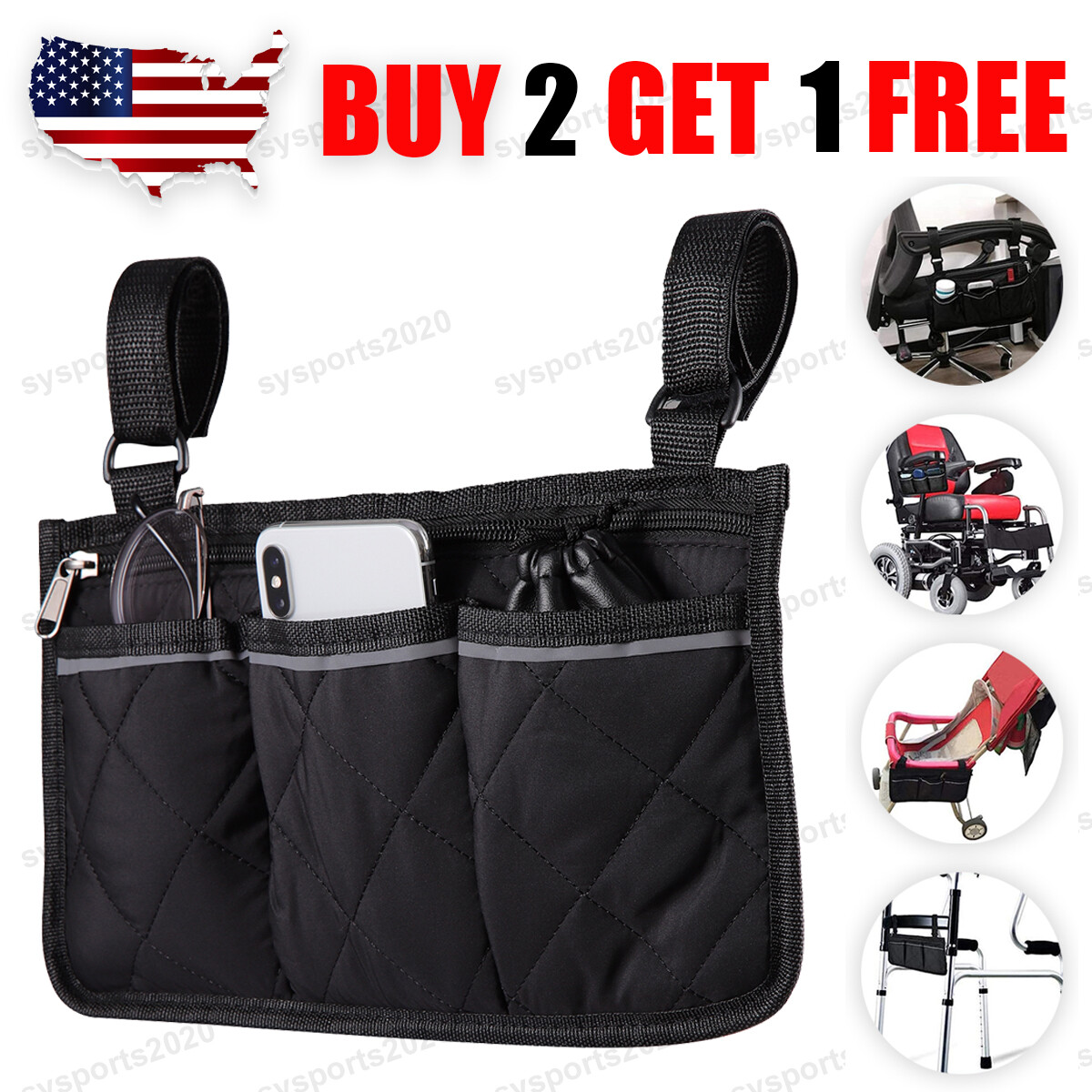 Wheelchair Side Bag Hang on Side Armrest Accessories Storage Pouch w/ Cup Holder